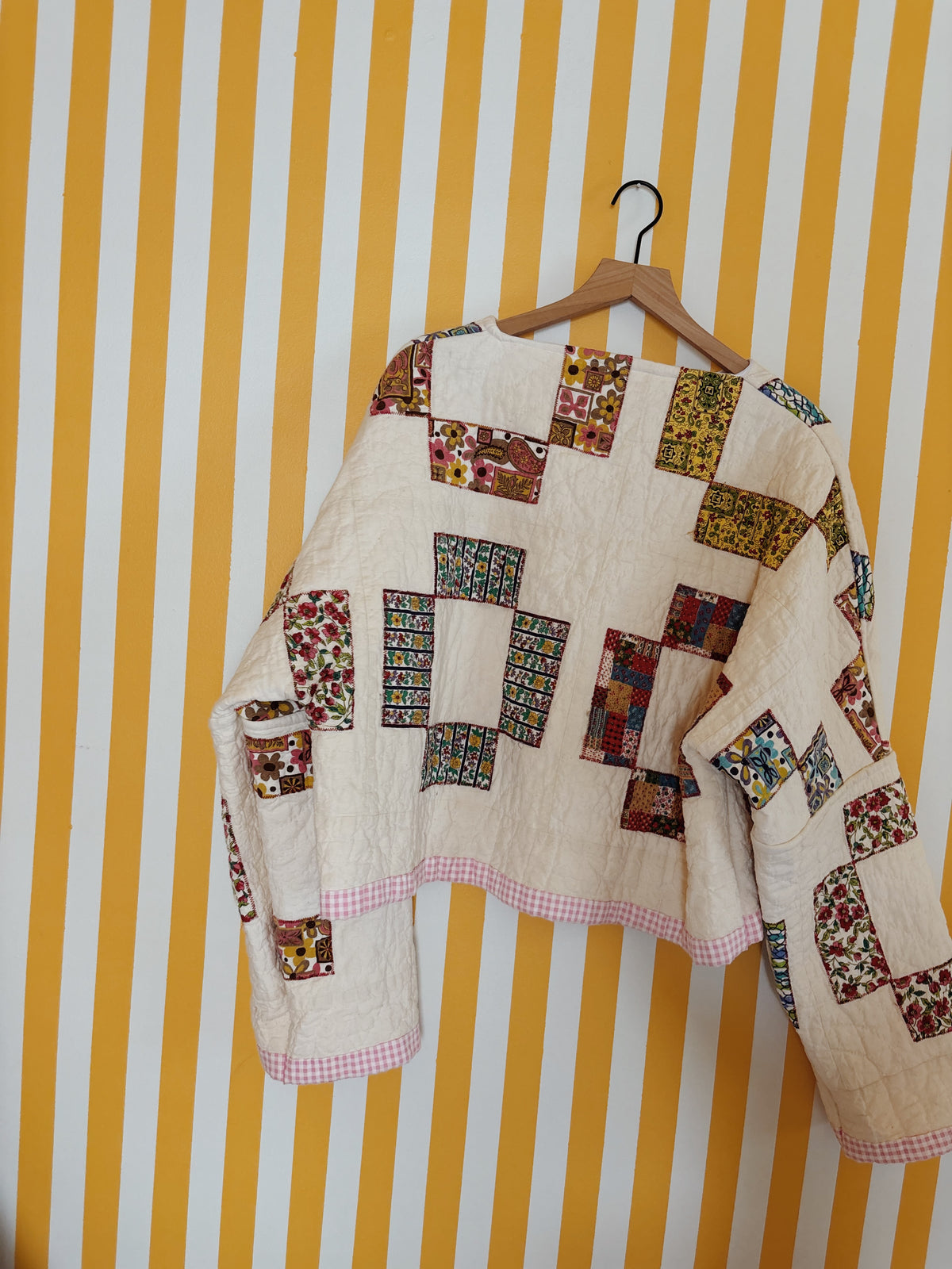 reversible geometric quilt coat