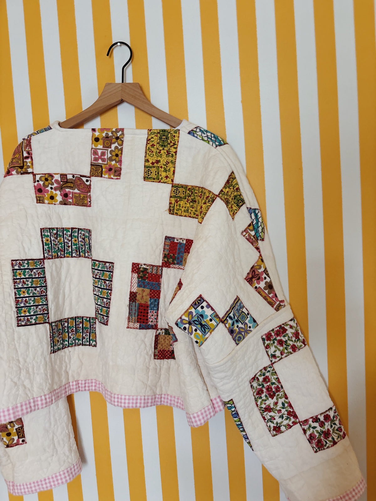 reversible geometric quilt coat