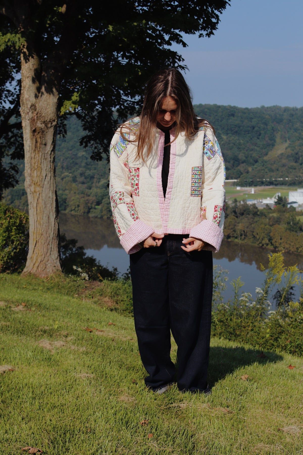 reversible geometric quilt coat